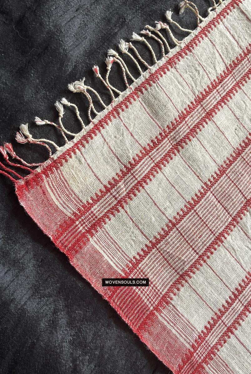 1707 White Handloom Cotton Stole with Geometric Weave-WOVENSOULS Antique Textiles & Art Gallery