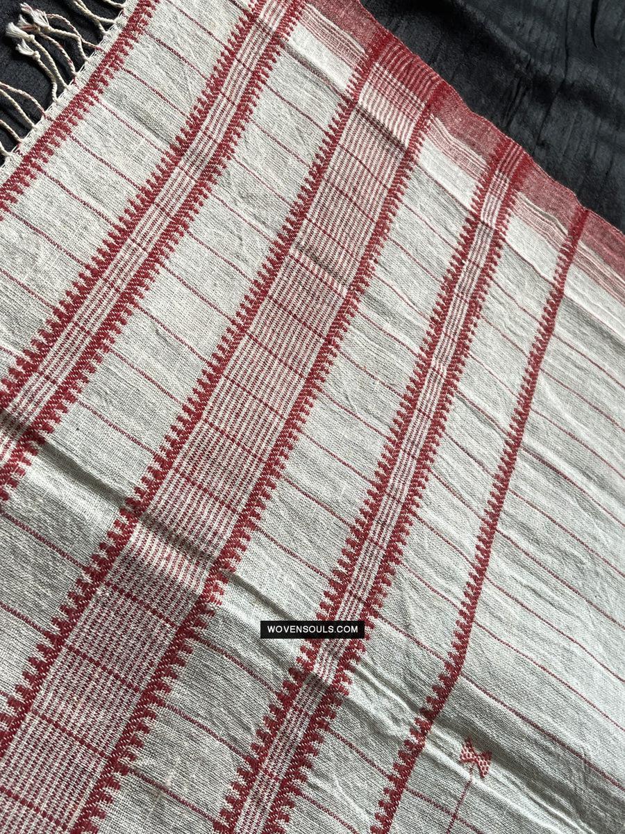 1707 White Handloom Cotton Stole with Geometric Weave-WOVENSOULS Antique Textiles & Art Gallery