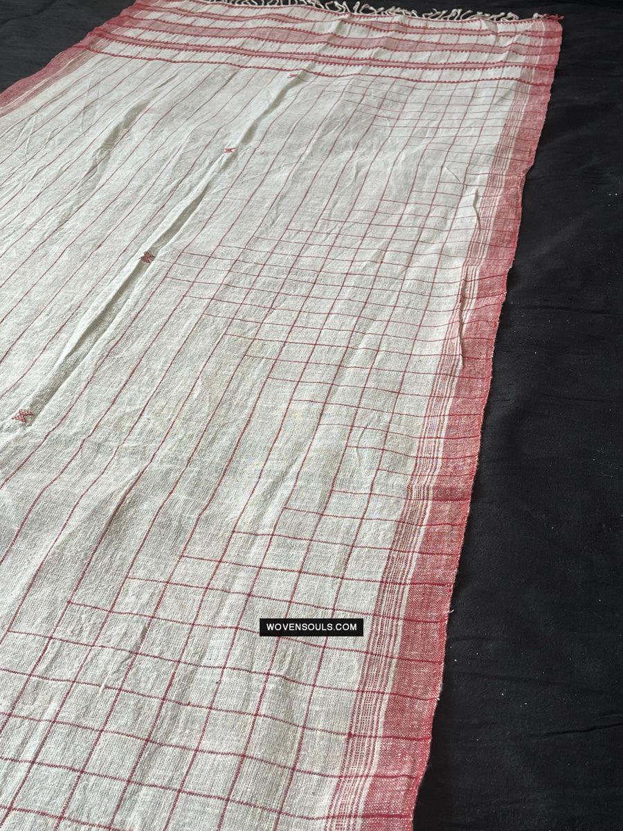 1707 White Handloom Cotton Stole with Geometric Weave-WOVENSOULS Antique Textiles & Art Gallery