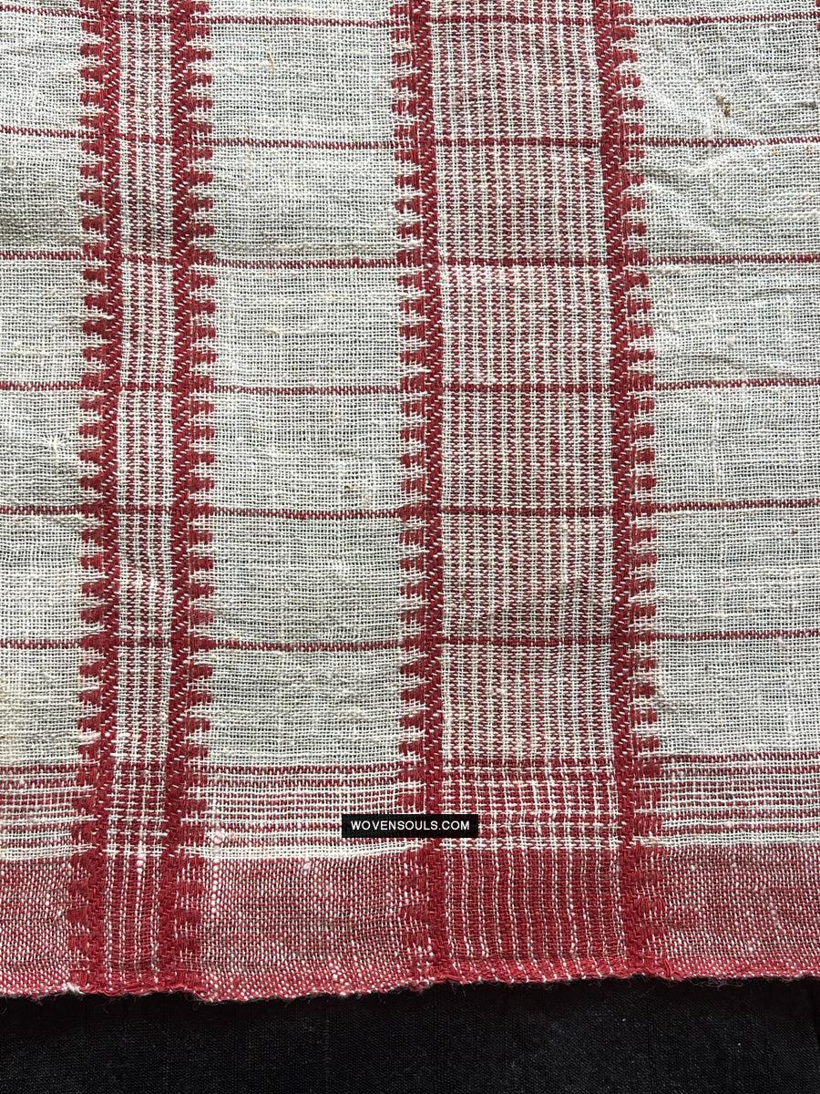 1707 White Handloom Cotton Stole with Geometric Weave-WOVENSOULS Antique Textiles & Art Gallery