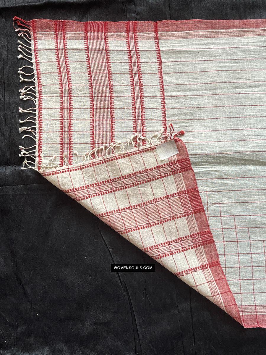 1707 White Handloom Cotton Stole with Geometric Weave-WOVENSOULS Antique Textiles & Art Gallery