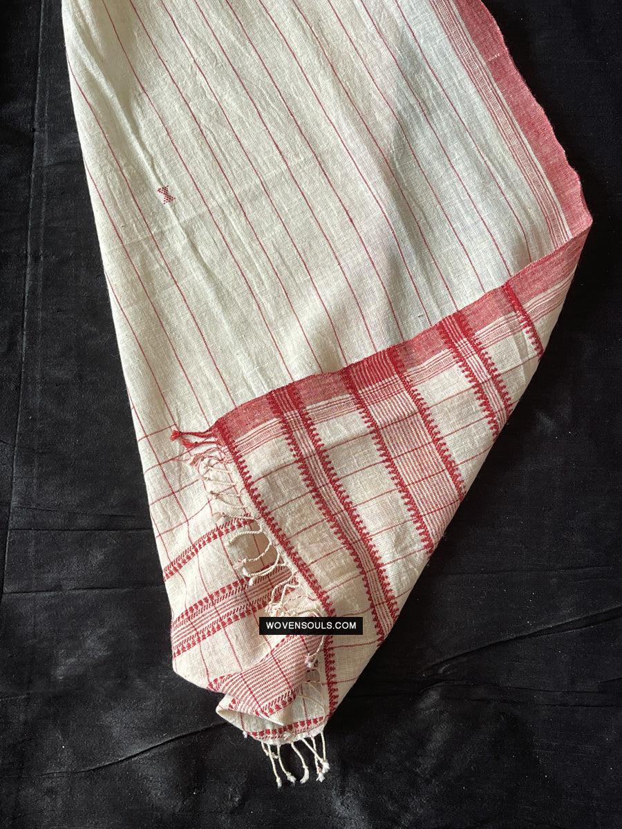 1707 White Handloom Cotton Stole with Geometric Weave-WOVENSOULS Antique Textiles & Art Gallery