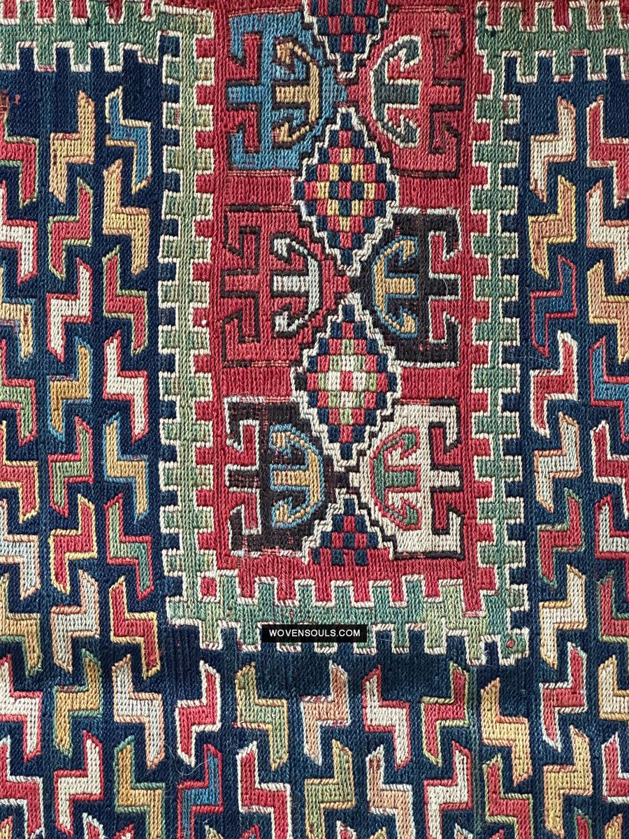 1712 Antique Caucasian Yellow Zileh / Sileh Embroidered Flatweave Soumac Rug-WOVENSOULS Antique Textiles & Art Gallery