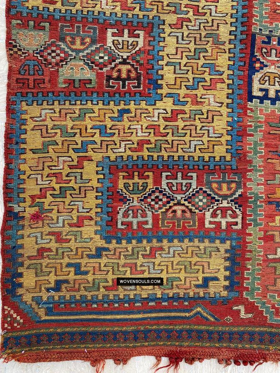 1712 Antique Caucasian Yellow Zileh / Sileh Embroidered Flatweave Soumac Rug-WOVENSOULS Antique Textiles & Art Gallery