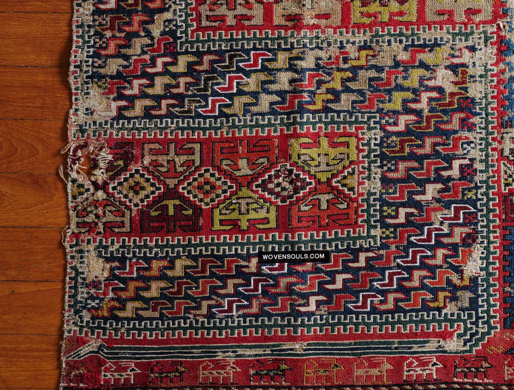 1713 Antique Caucasian Zoomorphic Zileh / Sileh Embroidered Flatweave Soumac Rug-WOVENSOULS Antique Textiles & Art Gallery