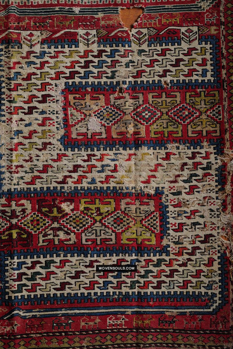 1713 Antique Caucasian Zoomorphic Zileh / Sileh Embroidered Flatweave Soumac Rug-WOVENSOULS Antique Textiles & Art Gallery