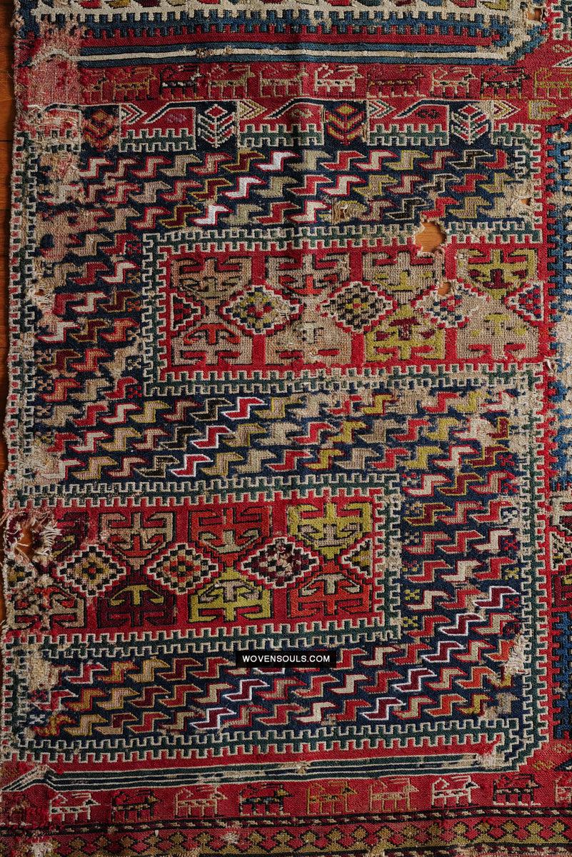 1713 Antique Caucasian Zoomorphic Zileh / Sileh Embroidered Flatweave Soumac Rug-WOVENSOULS Antique Textiles & Art Gallery