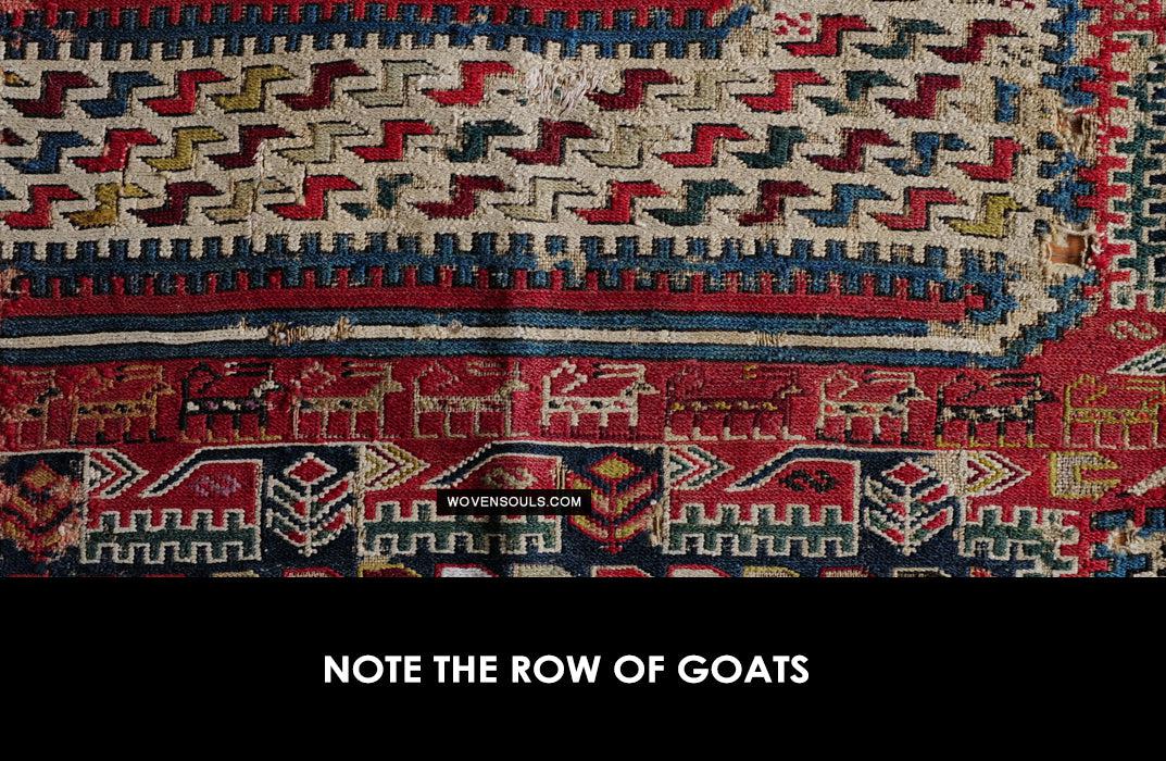 1713 Antique Caucasian Zoomorphic Zileh / Sileh Embroidered Flatweave Soumac Rug-WOVENSOULS Antique Textiles & Art Gallery