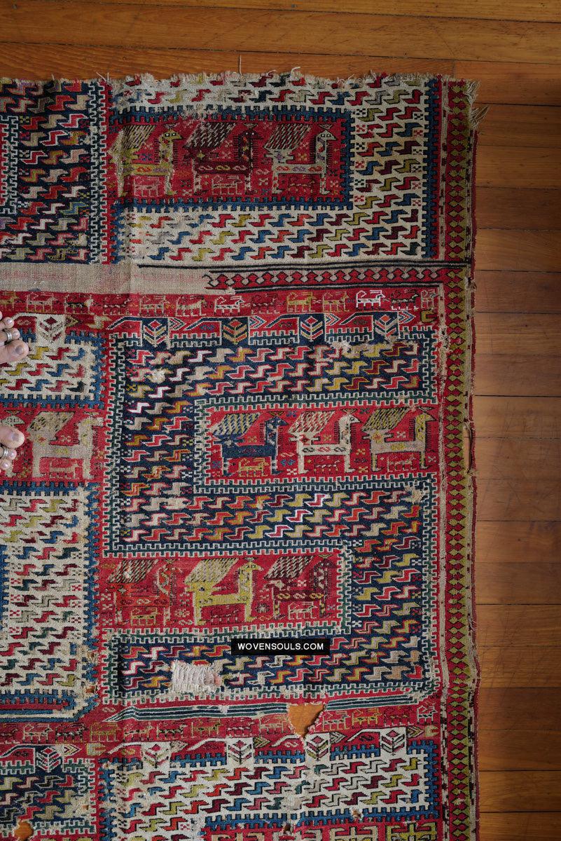 1713 Antique Caucasian Zoomorphic Zileh / Sileh Embroidered Flatweave Soumac Rug-WOVENSOULS Antique Textiles & Art Gallery
