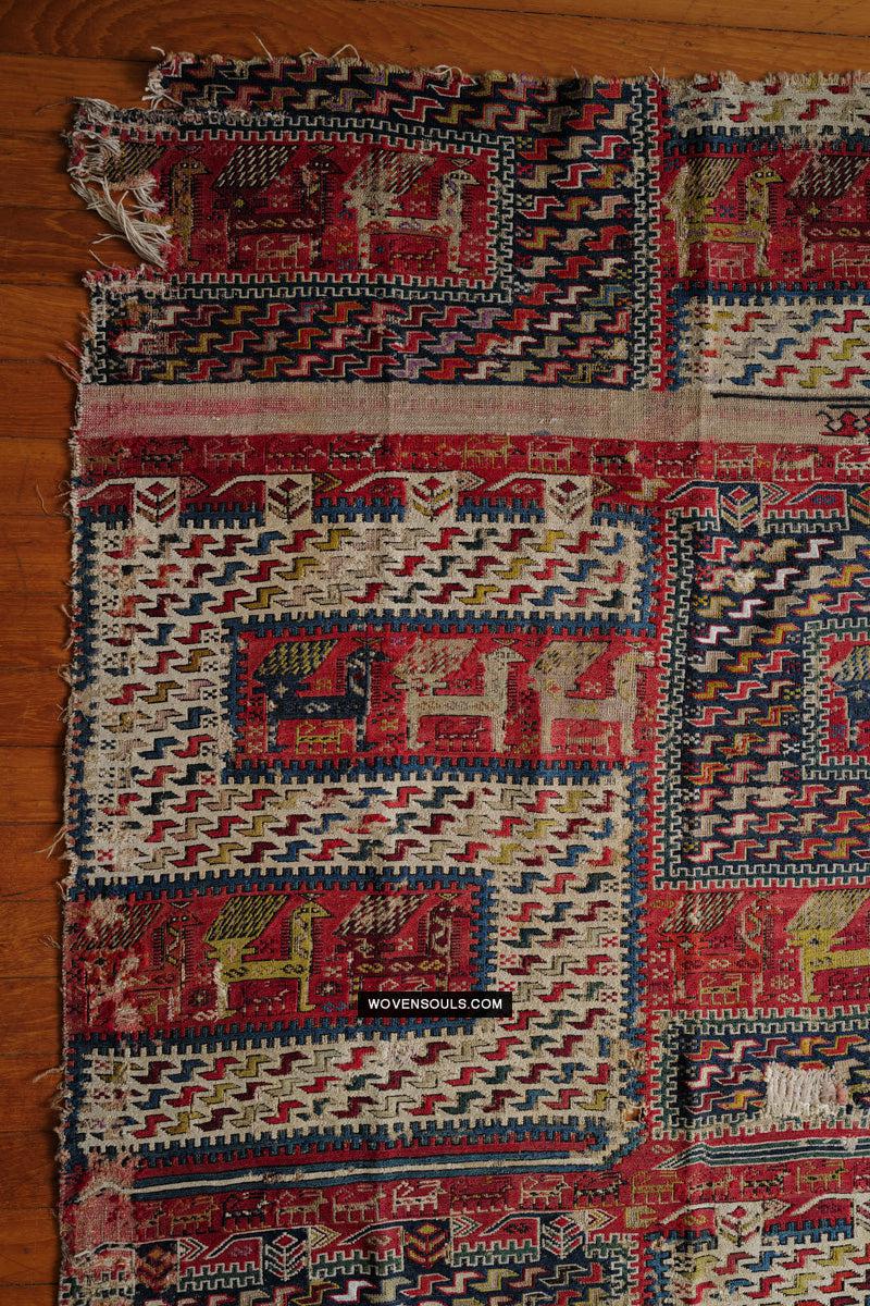 1713 Antique Caucasian Zoomorphic Zileh / Sileh Embroidered Flatweave Soumac Rug-WOVENSOULS Antique Textiles & Art Gallery