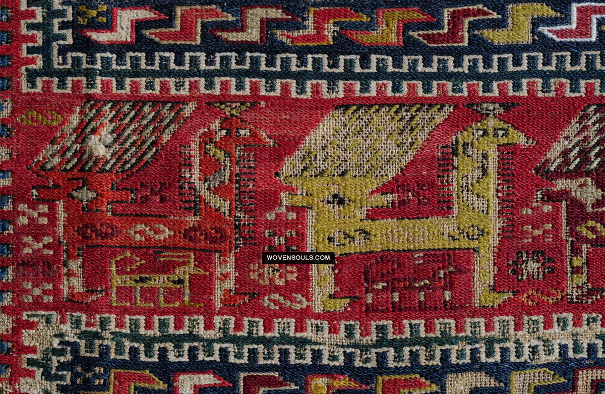 1713 Antique Caucasian Zoomorphic Zileh / Sileh Embroidered Flatweave Soumac Rug-WOVENSOULS Antique Textiles & Art Gallery