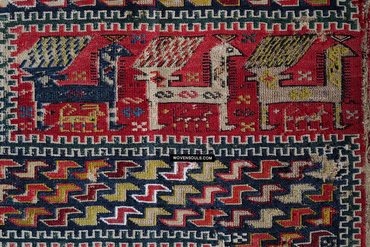 1713 Antique Caucasian Zoomorphic Zileh / Sileh Embroidered Flatweave Soumac Rug-WOVENSOULS Antique Textiles & Art Gallery