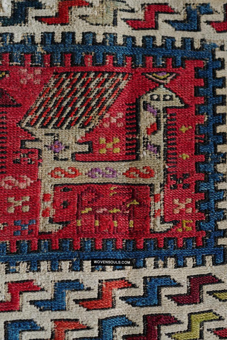1713 Antique Caucasian Zoomorphic Zileh / Sileh Embroidered Flatweave Soumac Rug-WOVENSOULS Antique Textiles & Art Gallery