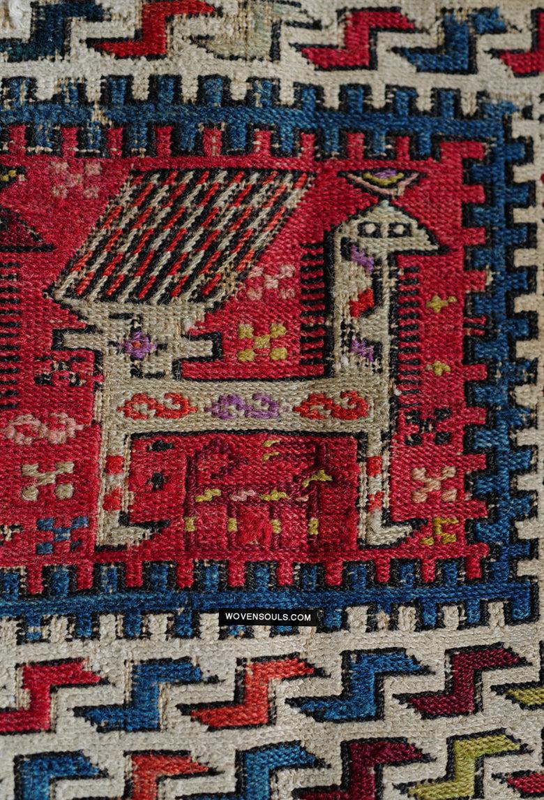 1713 Antique Caucasian Zoomorphic Zileh / Sileh Embroidered Flatweave Soumac Rug-WOVENSOULS Antique Textiles & Art Gallery