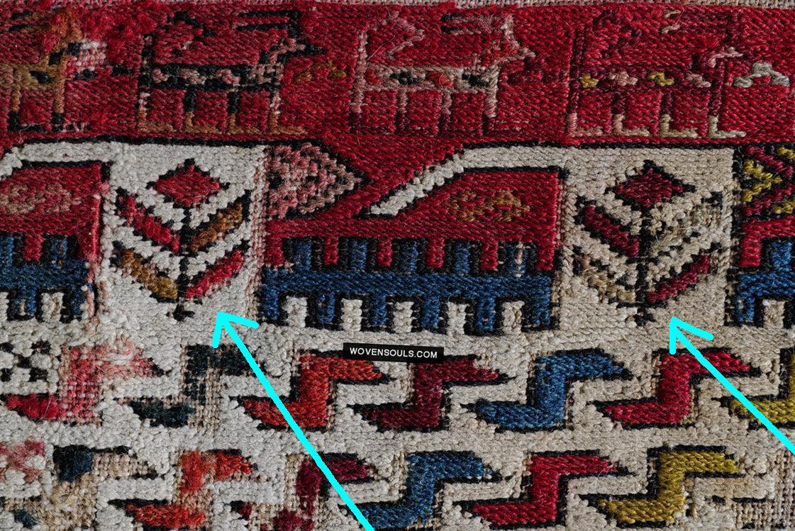 1713 Antique Caucasian Zoomorphic Zileh / Sileh Embroidered Flatweave Soumac Rug-WOVENSOULS Antique Textiles & Art Gallery