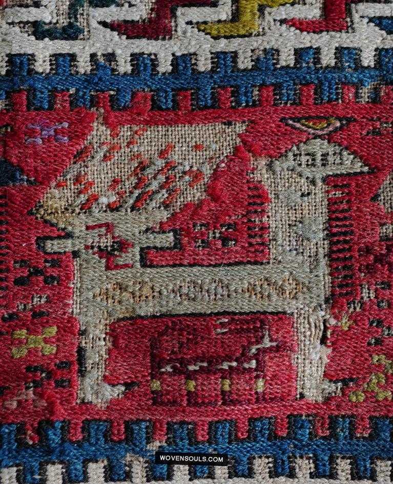 1713 Antique Caucasian Zoomorphic Zileh / Sileh Embroidered Flatweave Soumac Rug-WOVENSOULS Antique Textiles & Art Gallery
