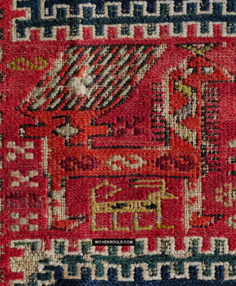 1713 Antique Caucasian Zoomorphic Zileh / Sileh Embroidered Flatweave Soumac Rug-WOVENSOULS Antique Textiles & Art Gallery