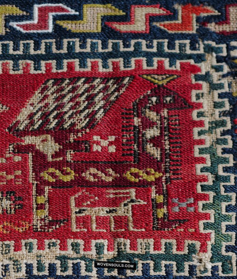 1713 Antique Caucasian Zoomorphic Zileh / Sileh Embroidered Flatweave Soumac Rug-WOVENSOULS Antique Textiles & Art Gallery