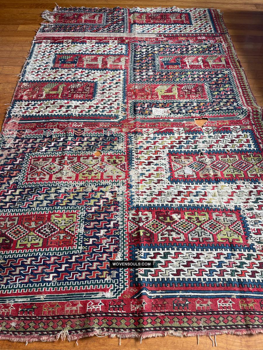 1713 Antique Caucasian Zoomorphic Zileh / Sileh Embroidered Flatweave Soumac Rug-WOVENSOULS Antique Textiles & Art Gallery