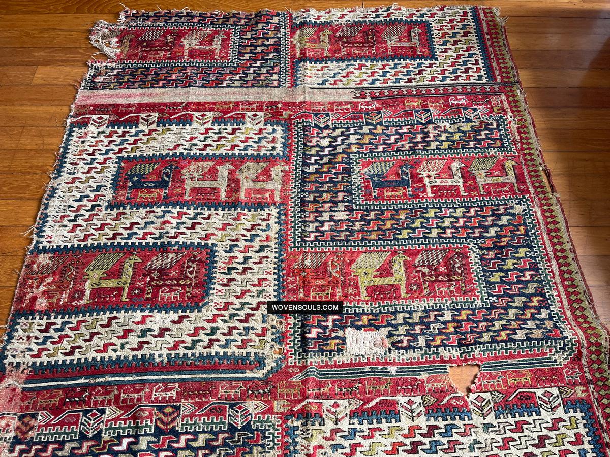 1713 Antique Caucasian Zoomorphic Zileh / Sileh Embroidered Flatweave Soumac Rug-WOVENSOULS Antique Textiles & Art Gallery