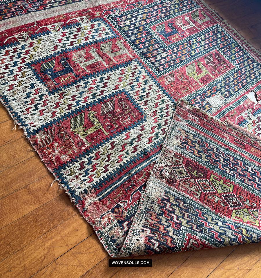 1713 Antique Caucasian Zoomorphic Zileh / Sileh Embroidered Flatweave Soumac Rug-WOVENSOULS Antique Textiles & Art Gallery