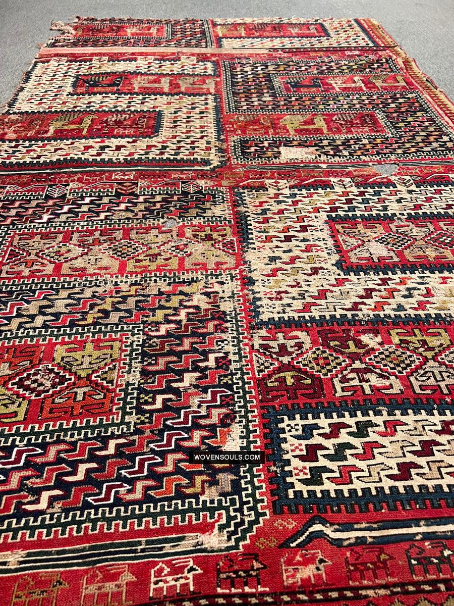 1713 Antique Caucasian Zoomorphic Zileh / Sileh Embroidered Flatweave Soumac Rug-WOVENSOULS Antique Textiles & Art Gallery