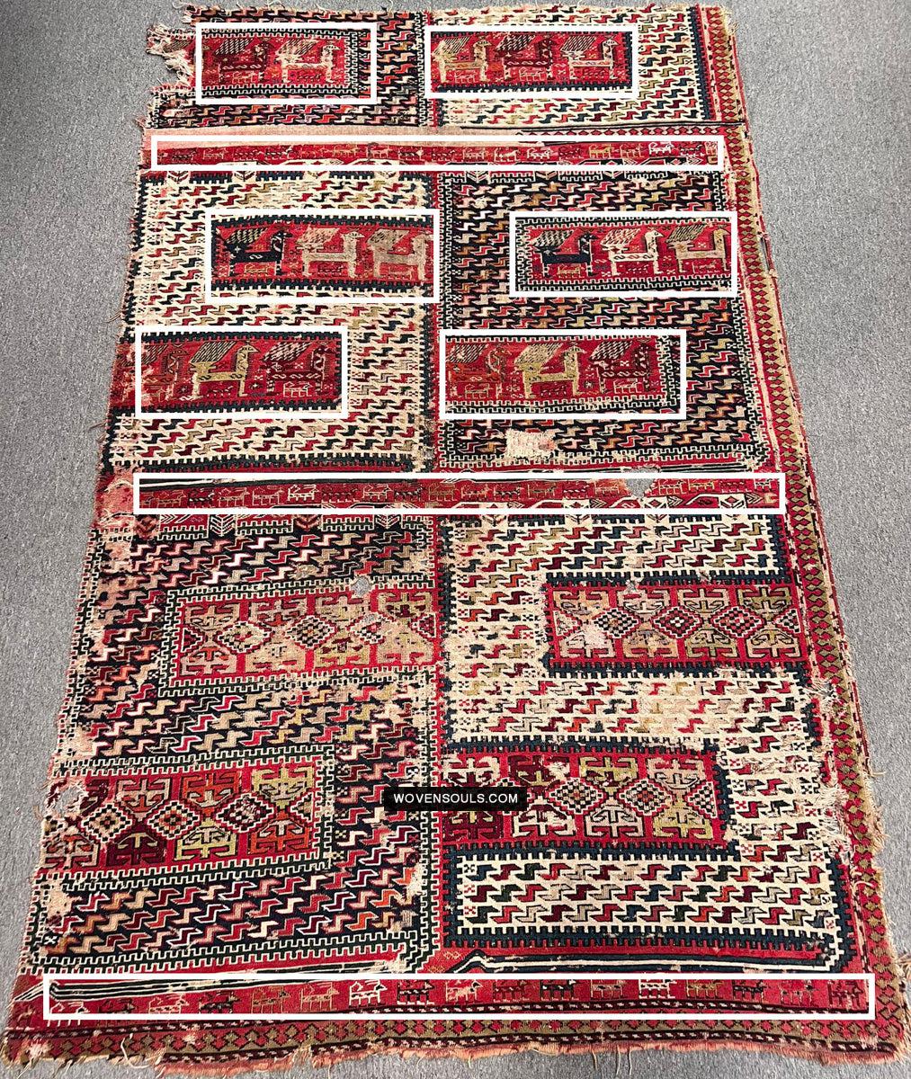 1713 Antique Caucasian Zoomorphic Zileh / Sileh Embroidered Flatweave Soumac Rug-WOVENSOULS Antique Textiles & Art Gallery