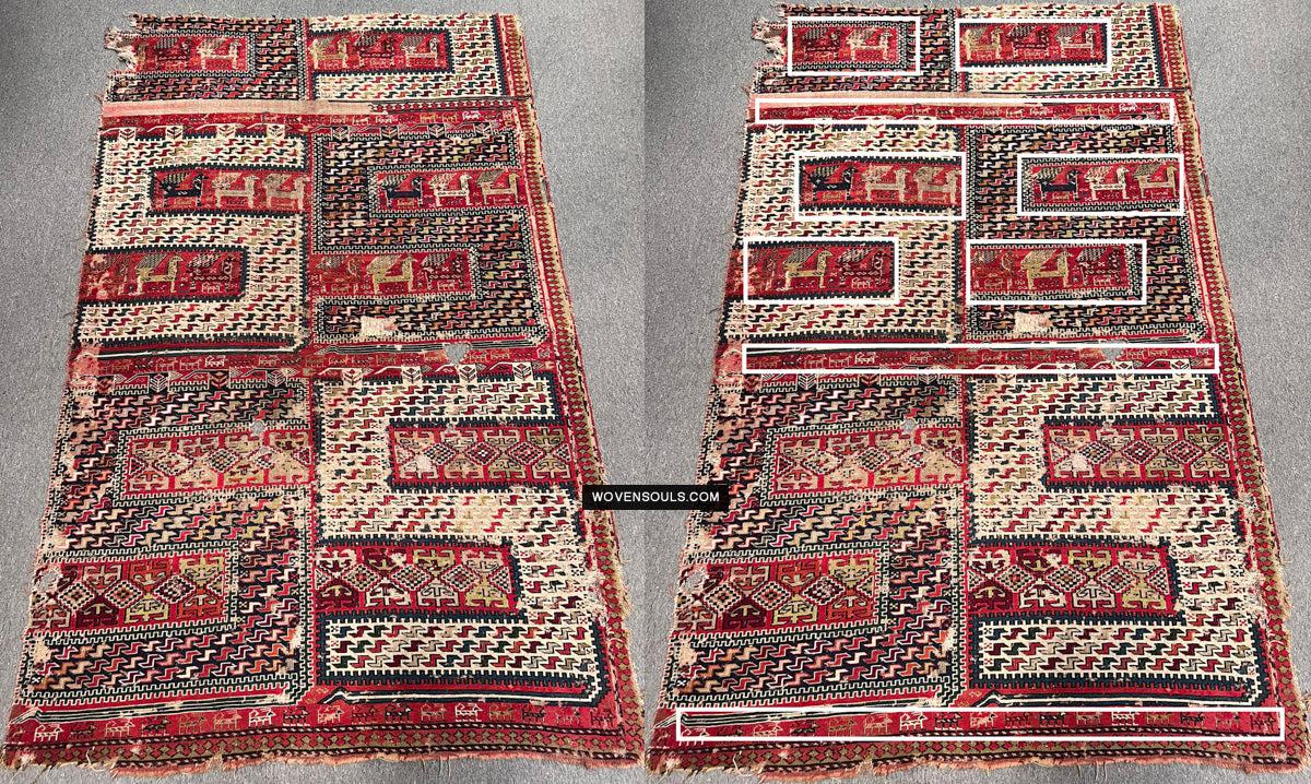 1713 Antique Caucasian Zoomorphic Zileh / Sileh Embroidered Flatweave Soumac Rug-WOVENSOULS Antique Textiles & Art Gallery