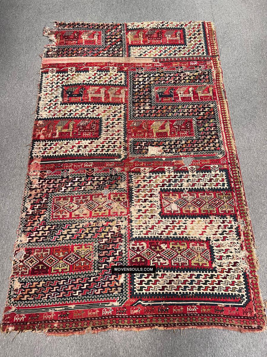 1713 Antique Caucasian Zoomorphic Zileh / Sileh Embroidered Flatweave Soumac Rug-WOVENSOULS Antique Textiles & Art Gallery