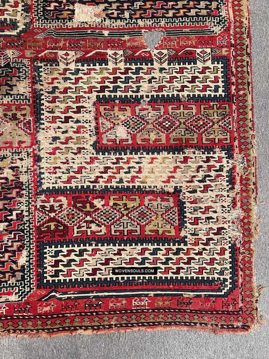 1713 Antique Caucasian Zoomorphic Zileh / Sileh Embroidered Flatweave Soumac Rug-WOVENSOULS Antique Textiles & Art Gallery