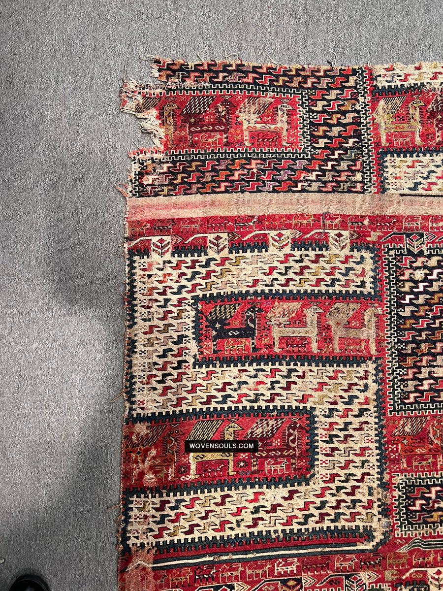 1713 Antique Caucasian Zoomorphic Zileh / Sileh Embroidered Flatweave Soumac Rug-WOVENSOULS Antique Textiles & Art Gallery