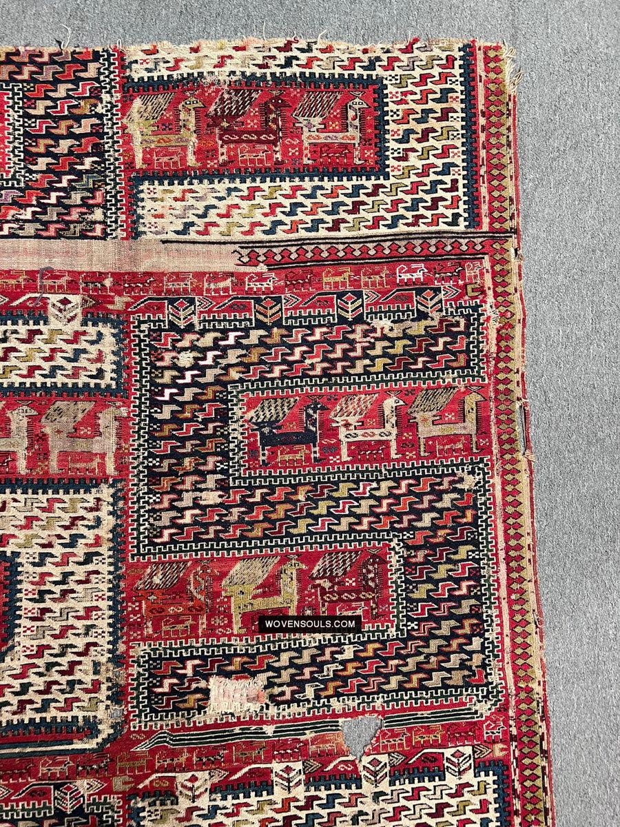 1713 Antique Caucasian Zoomorphic Zileh / Sileh Embroidered Flatweave Soumac Rug-WOVENSOULS Antique Textiles & Art Gallery