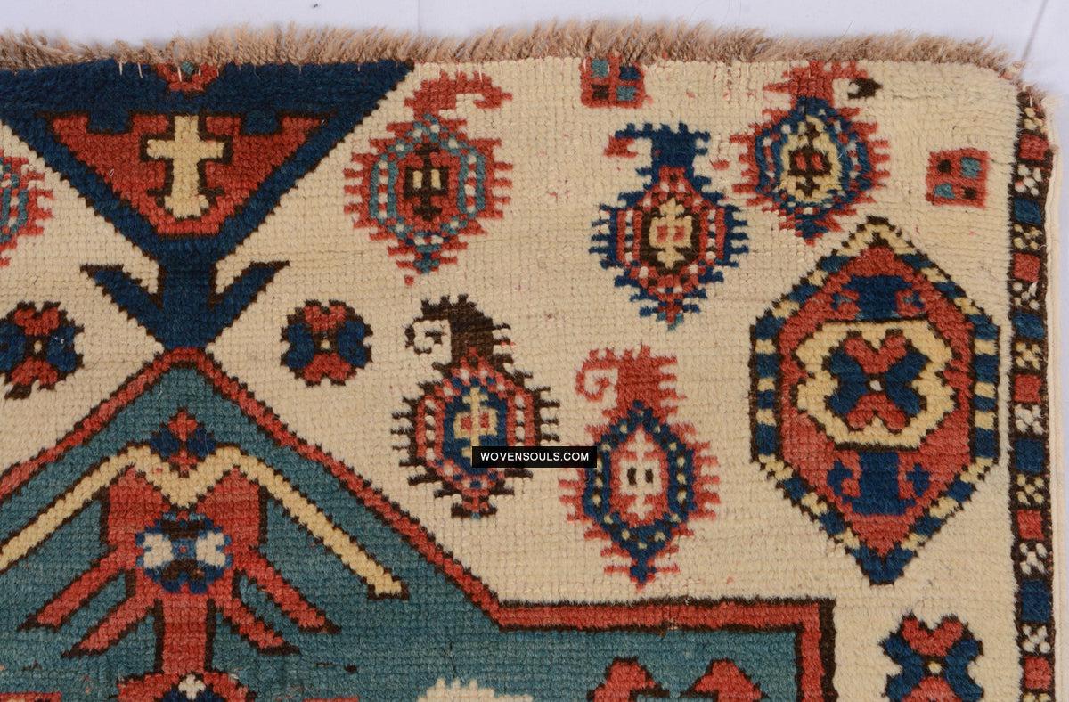 1718 Antique White Field Caucasian Village Rug with Birds & Boteh-WOVENSOULS Antique Textiles & Art Gallery