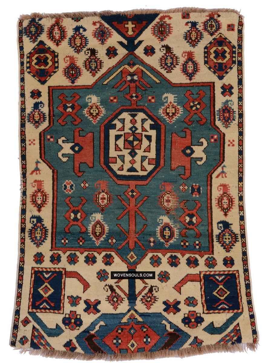 1718 Antique White Field Caucasian Village Rug with Birds & Boteh-WOVENSOULS Antique Textiles & Art Gallery
