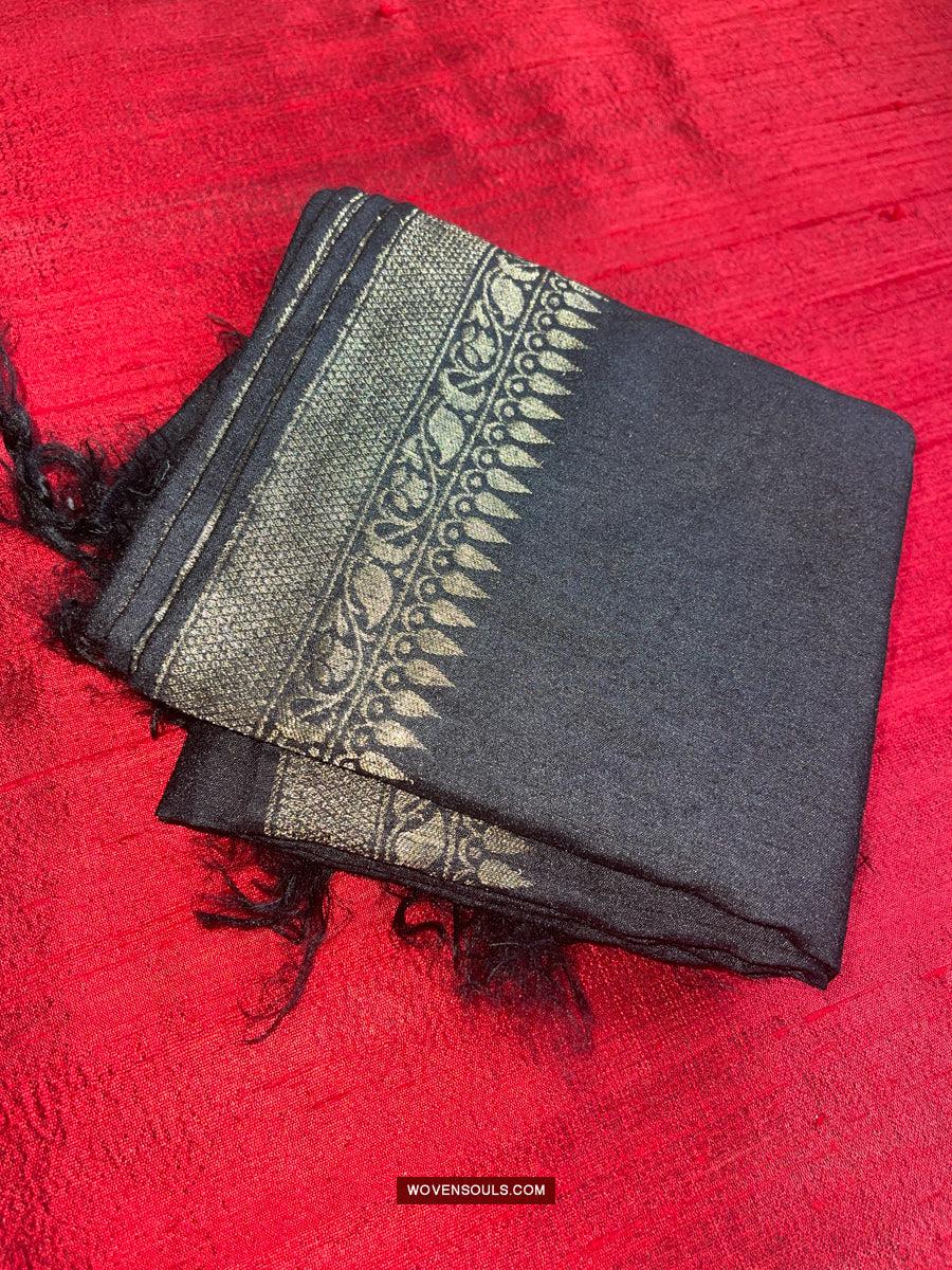 1726 Black Banarasi Silk Stole Scarf-WOVENSOULS Antique Textiles & Art Gallery