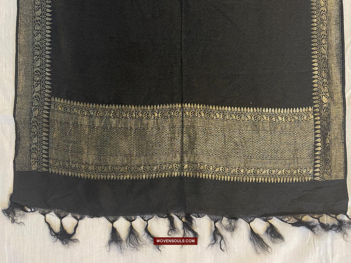 1726 Black Banarasi Silk Stole Scarf-WOVENSOULS Antique Textiles & Art Gallery