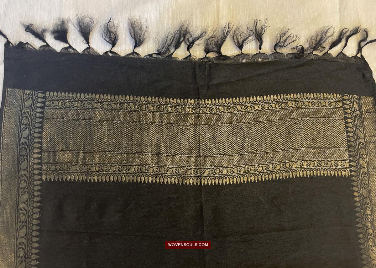 1726 Black Banarasi Silk Stole Scarf-WOVENSOULS Antique Textiles & Art Gallery
