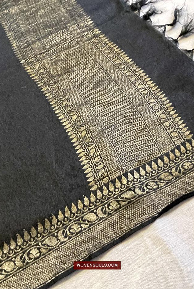 1726 Black Banarasi Silk Stole Scarf-WOVENSOULS Antique Textiles & Art Gallery