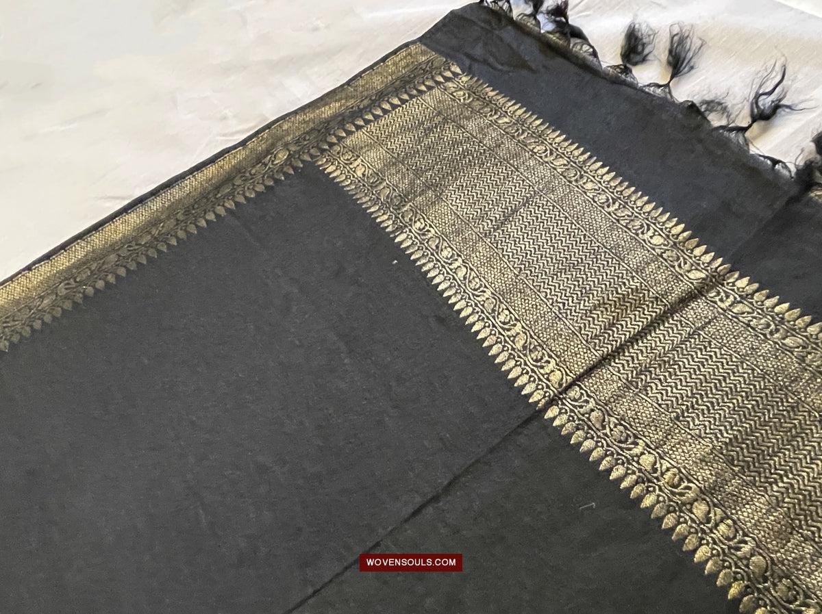 1726 Black Banarasi Silk Stole Scarf-WOVENSOULS Antique Textiles & Art Gallery
