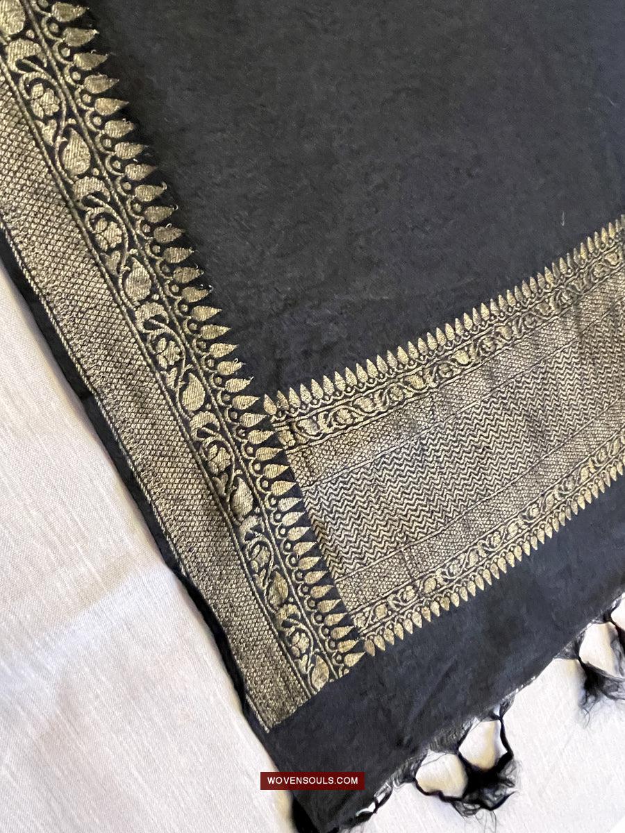 1726 Black Banarasi Silk Stole Scarf-WOVENSOULS Antique Textiles & Art Gallery