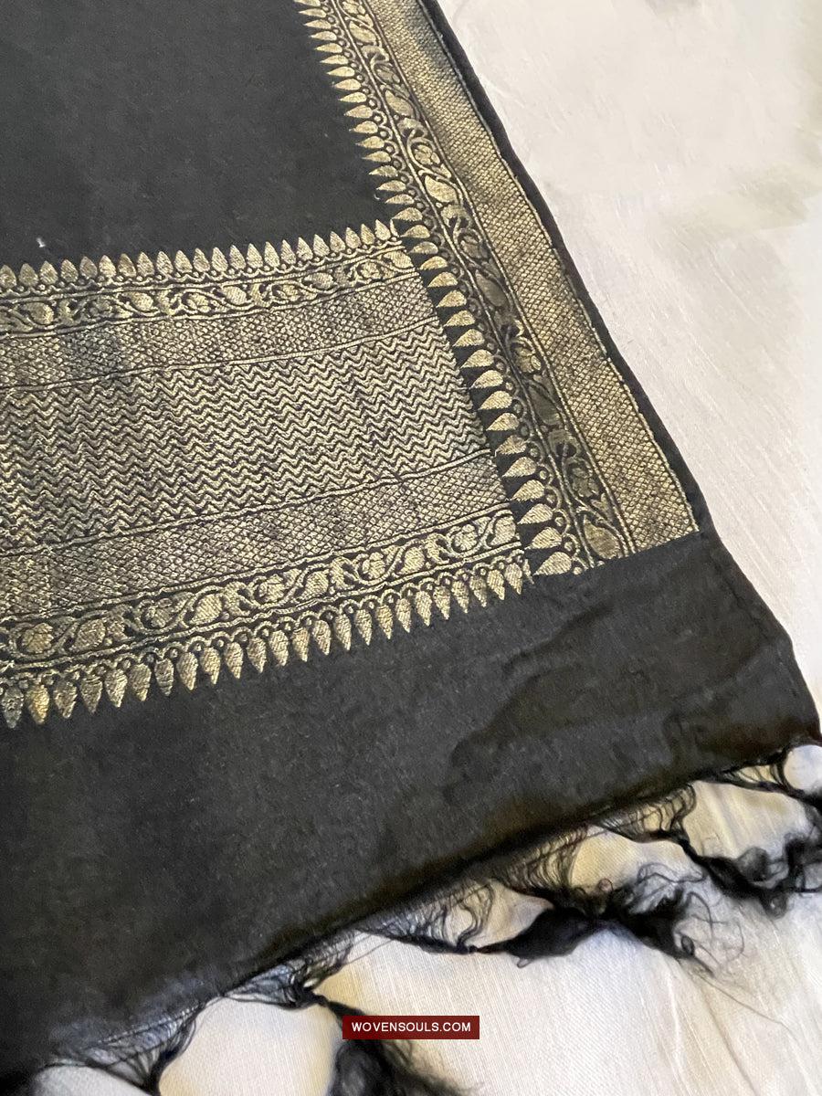 1726 Black Banarasi Silk Stole Scarf-WOVENSOULS Antique Textiles & Art Gallery