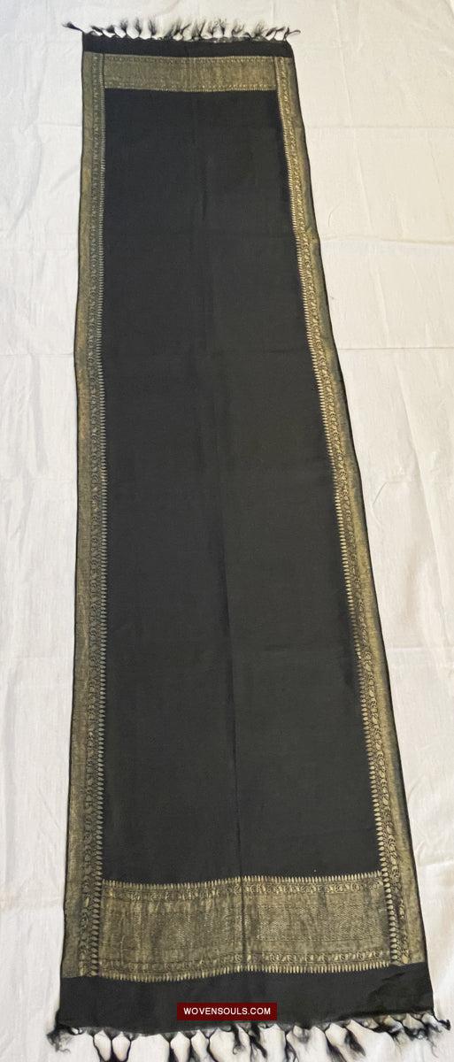 1726 Black Banarasi Silk Stole Scarf-WOVENSOULS Antique Textiles & Art Gallery