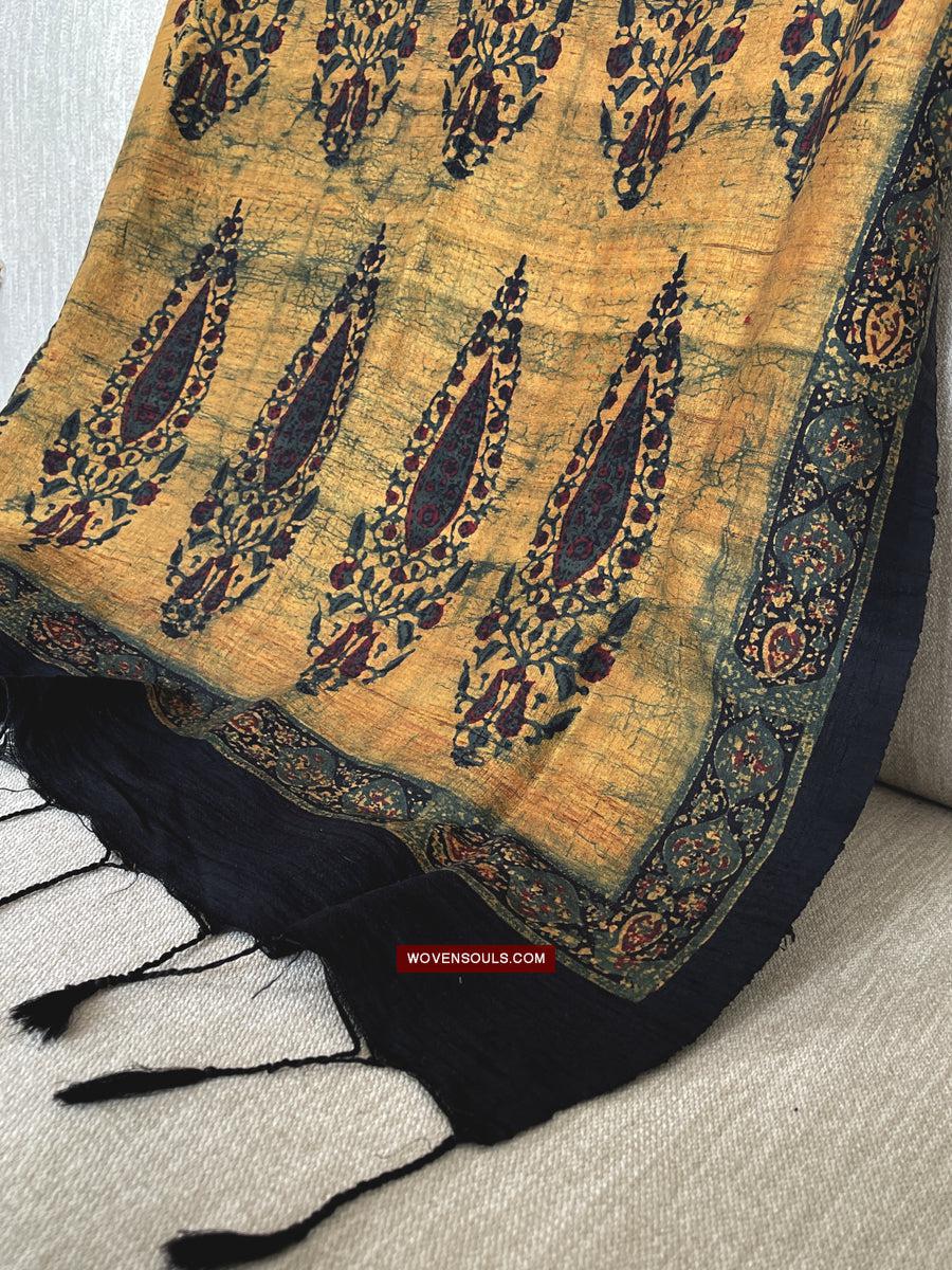 1732 Hand Block Printed Yellow Silk Shawl w Natural Dyes-WOVENSOULS Antique Textiles & Art Gallery