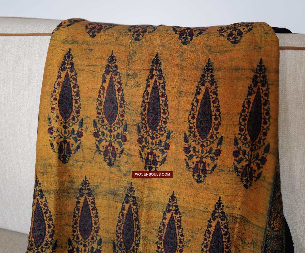 1732 Hand Block Printed Yellow Silk Shawl w Natural Dyes-WOVENSOULS Antique Textiles & Art Gallery