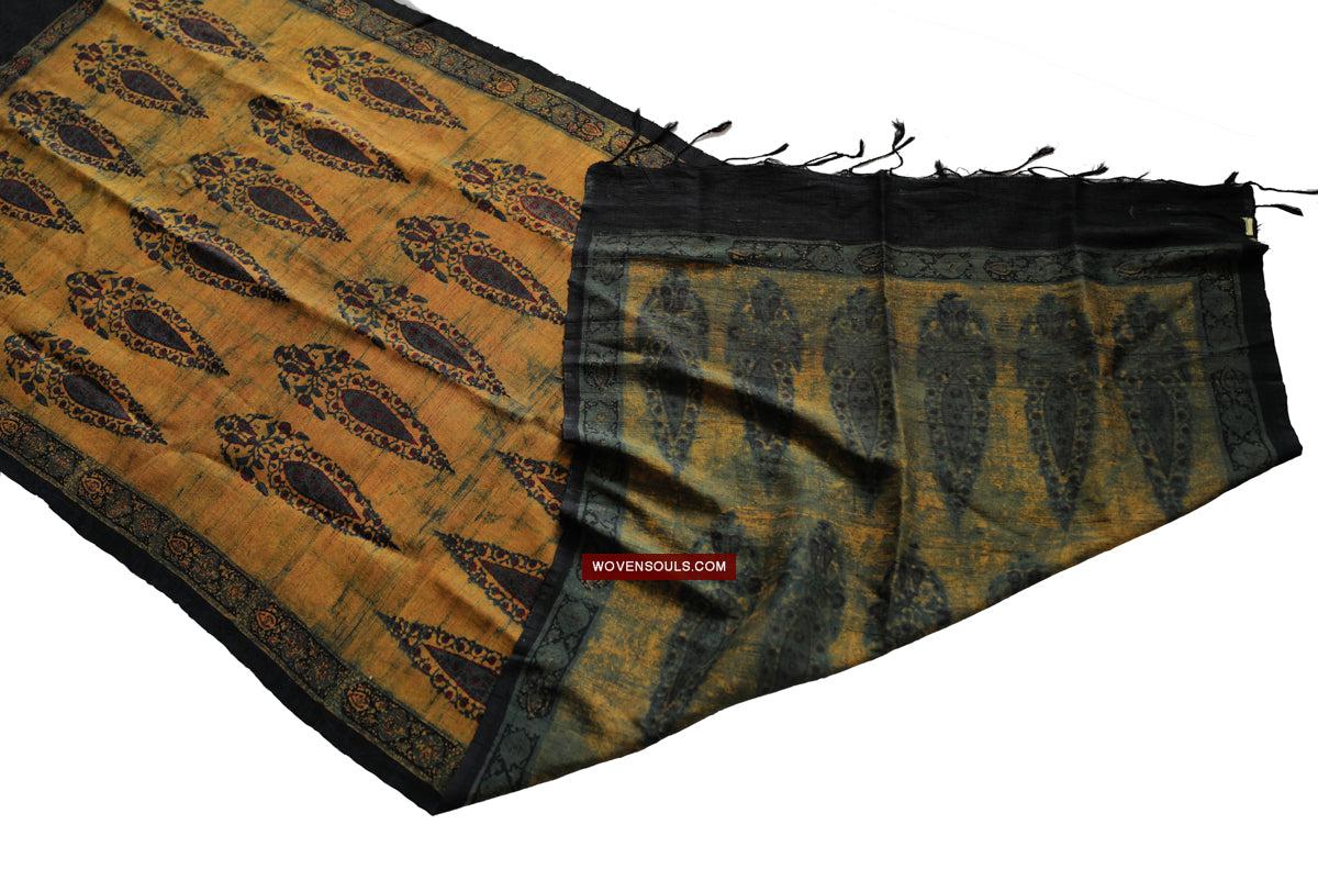 1732 Hand Block Printed Yellow Silk Shawl w Natural Dyes-WOVENSOULS Antique Textiles & Art Gallery