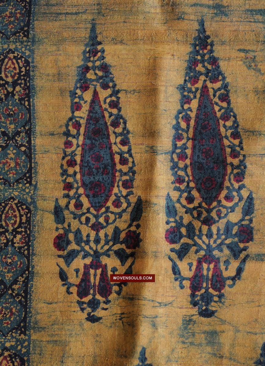 1732 Hand Block Printed Yellow Silk Shawl w Natural Dyes-WOVENSOULS Antique Textiles & Art Gallery
