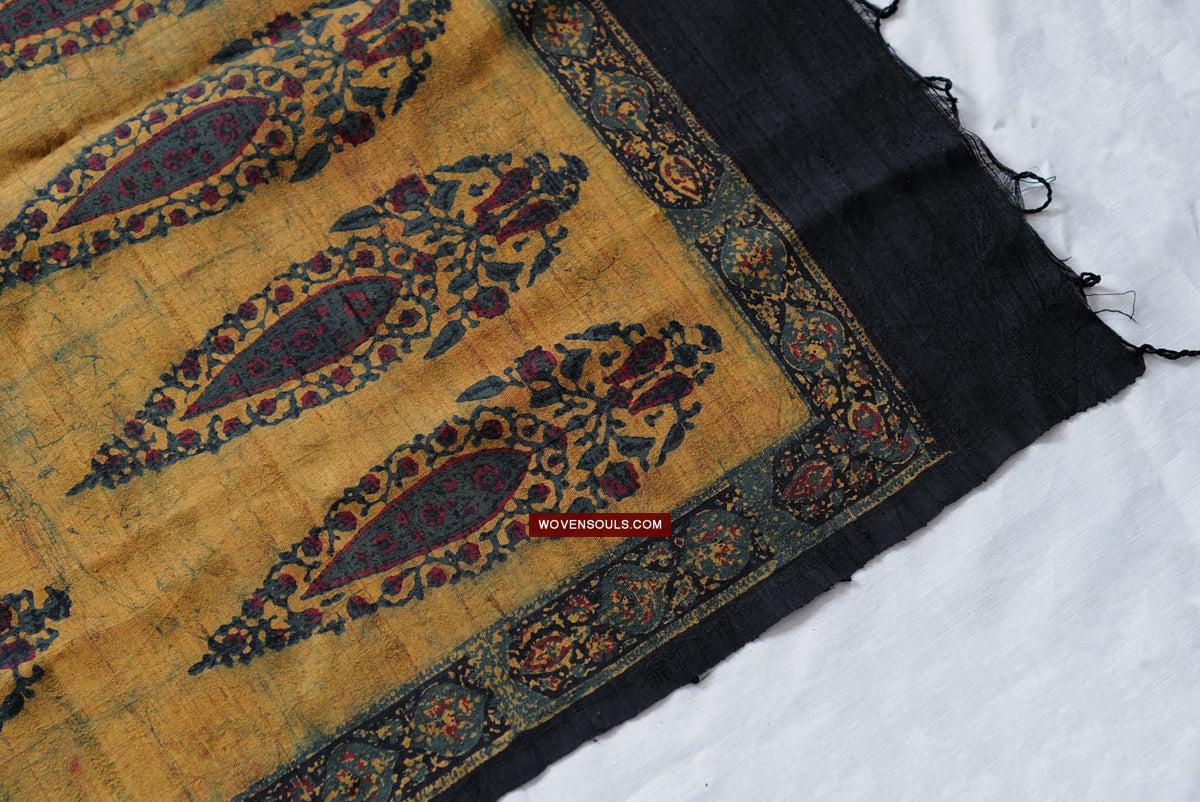 1732 Hand Block Printed Yellow Silk Shawl w Natural Dyes-WOVENSOULS Antique Textiles & Art Gallery