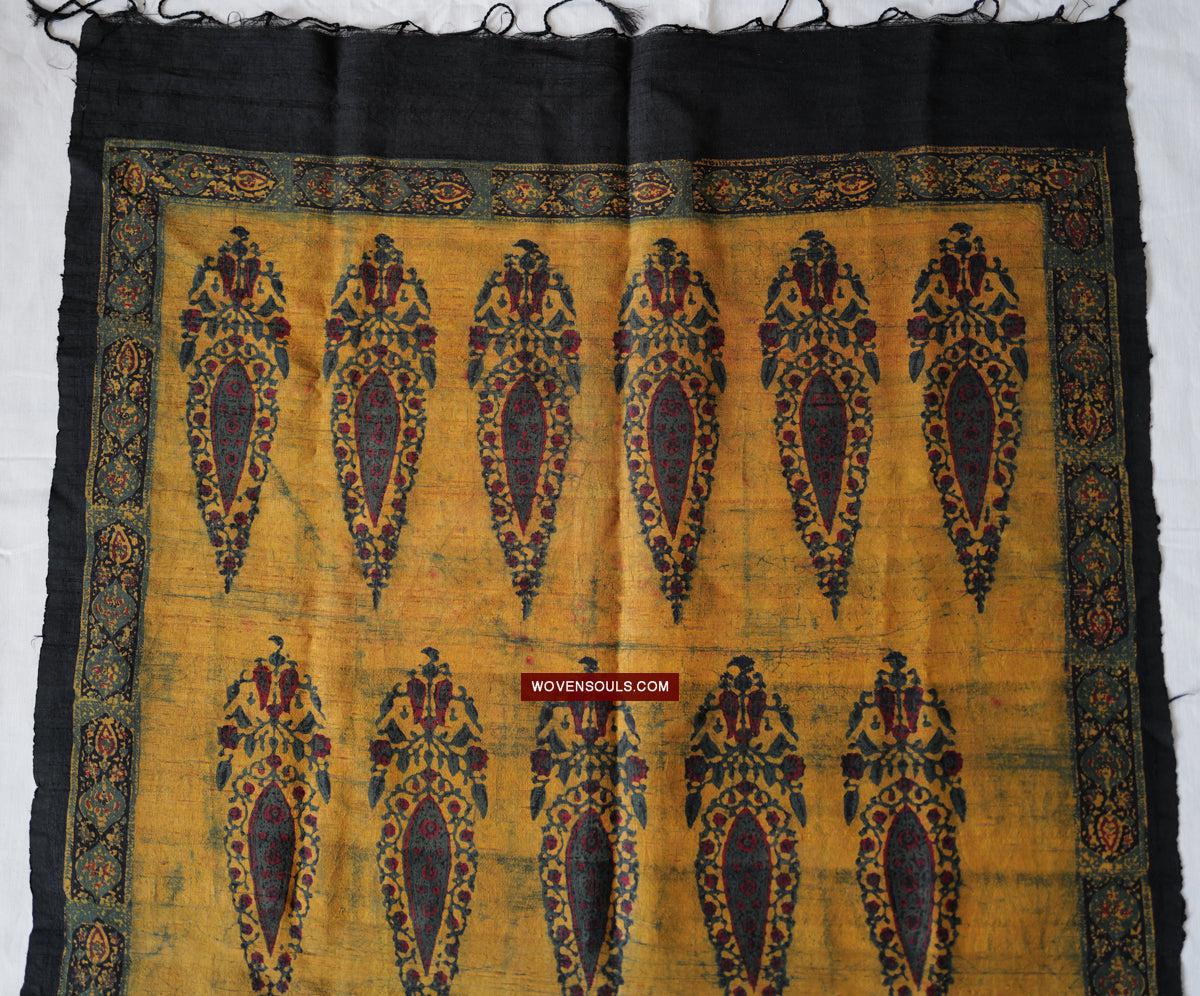 1732 Hand Block Printed Yellow Silk Shawl w Natural Dyes-WOVENSOULS Antique Textiles & Art Gallery