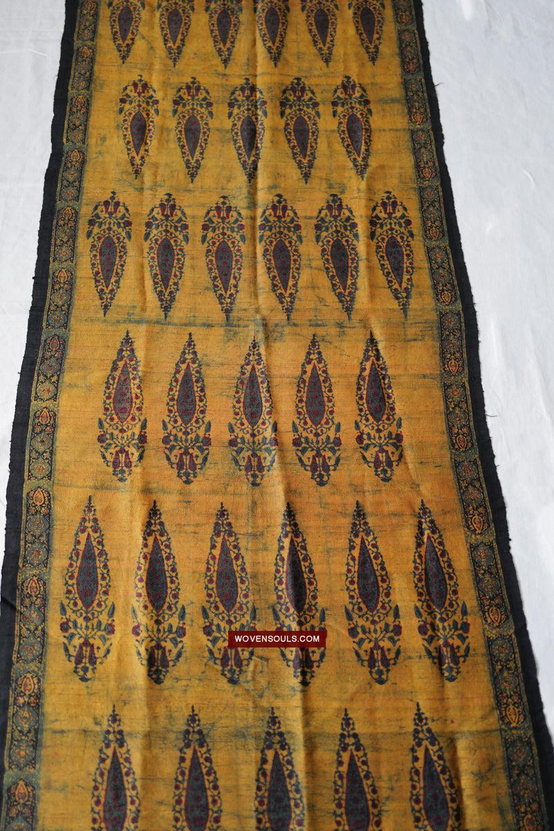 1732 Hand Block Printed Yellow Silk Shawl w Natural Dyes-WOVENSOULS Antique Textiles & Art Gallery