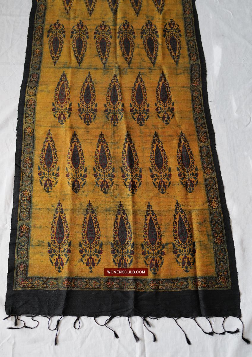 1732 Hand Block Printed Yellow Silk Shawl w Natural Dyes-WOVENSOULS Antique Textiles & Art Gallery